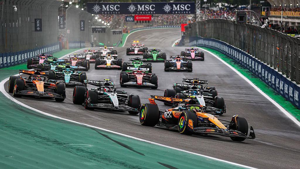 Lando Norris leads the field during the sprint race in Sao Paulo