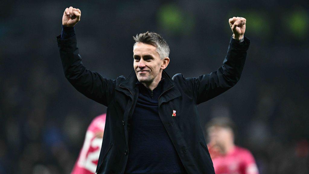 Kieran McKenna celebrates victory at Tottenham last season