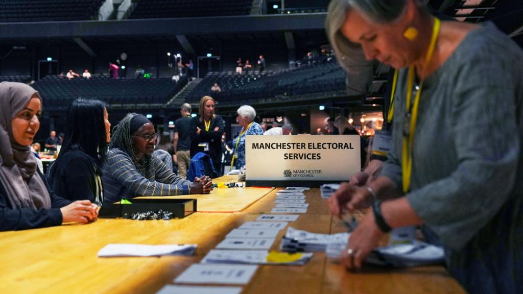 People count votes on table in large arena. There's a large sign sitting on the middle of the table reading: "Manchester Electoral Services"