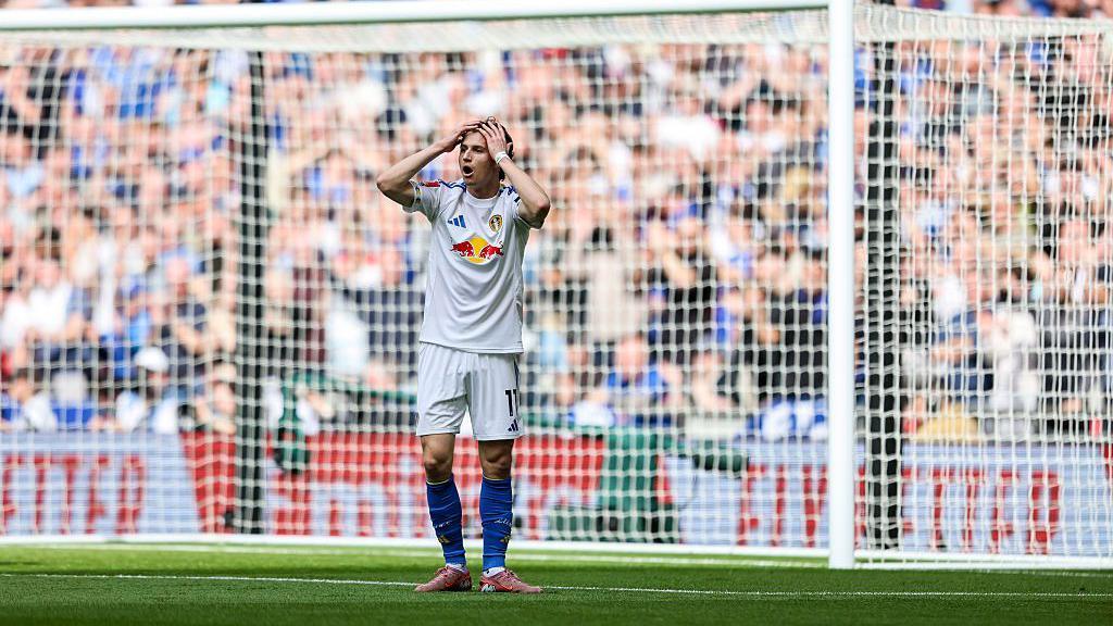  Brenden Aaronson of Leeds United after seeing his shot saved.