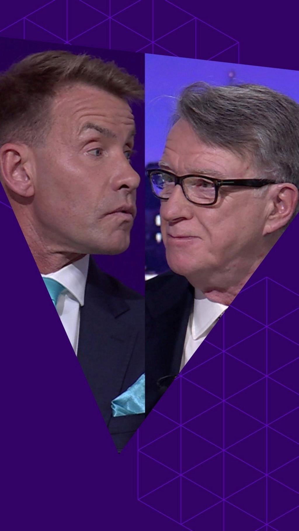 Composite image of David Bull and Peter Mandelson looking at each other