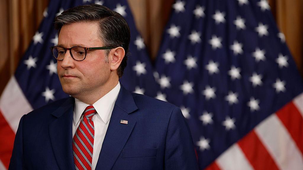 Mike Johnson in front of American flags