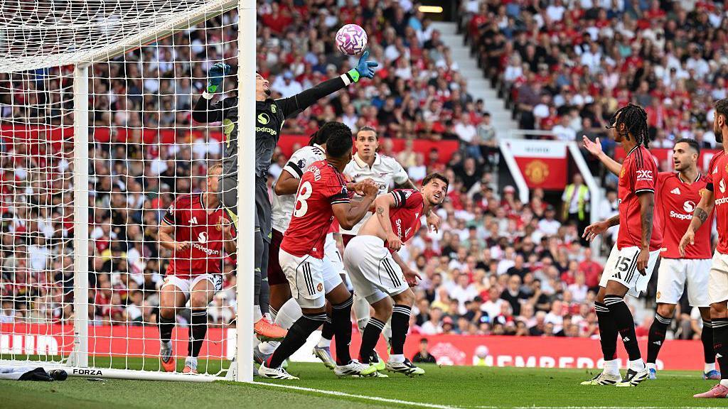 Arsenal defender Riccardo Calafiori scores from a corner against Manchester United in August
