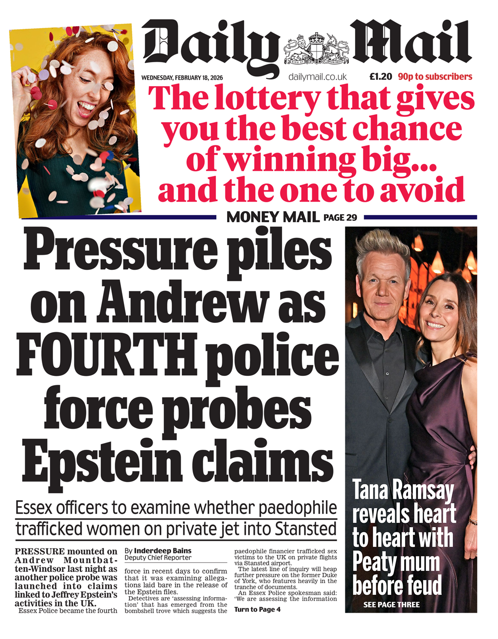 The front page of the Daily Mail reads: "Pressure piles on Andrew as FOURTH police force probes Epstein claims."