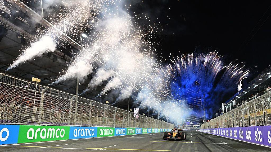 Fireworks light the sky as Oscar Piastri takes victory during F1's Saudi Arabian Grand Prix 