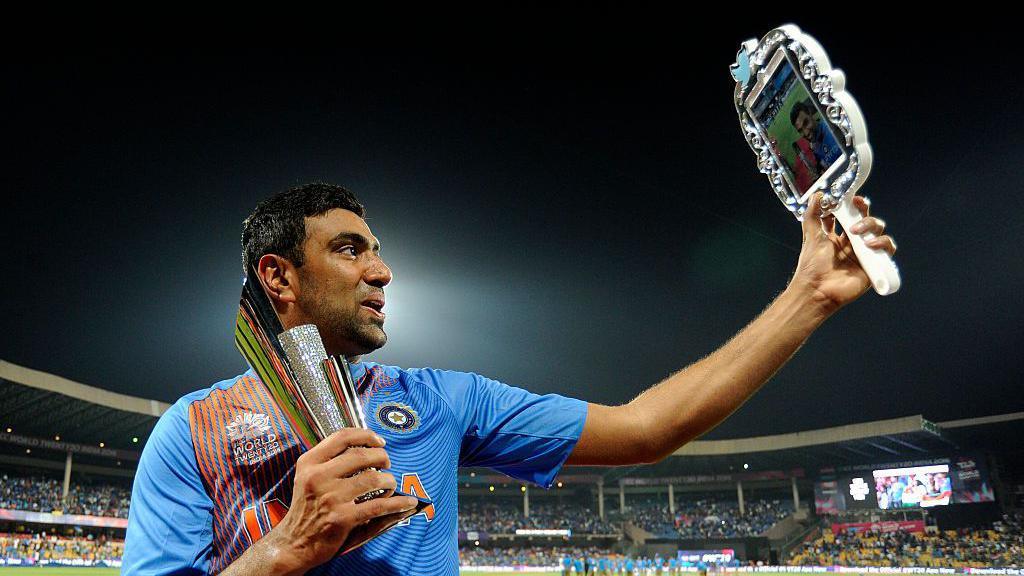 Ashwin of India takes a selfie along with his man of the match trophy during the ICC World Twenty20 India 2016 match between India and Bangladesh at the Chinnaswamy stadium on March 23, 2016 in Mumbai, India