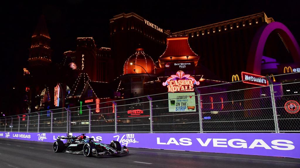 Mercedes' George Russell passes Casino Royale during Las Vegas Grand Prix practice