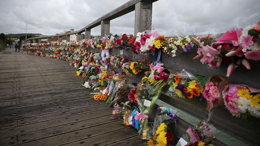 A row of flowers overlooking a bridge. The flowers are multicoloured. The sky behind is blue and cloudy.