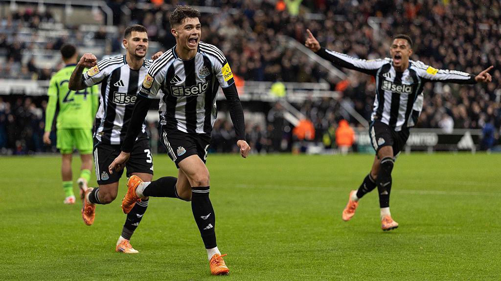 Lewis Miley celebrates after scoring for Newcastle United against Fulham at St James' Park on 18 December, 2025