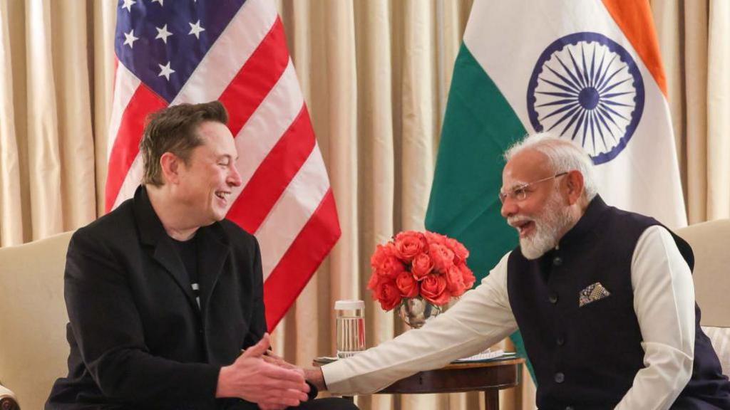 Photo shows Tesla CEO Elon Musk meeting Indian Prime Minister Narendra Modi at Blair House in Washington DC on February 13, 2025.