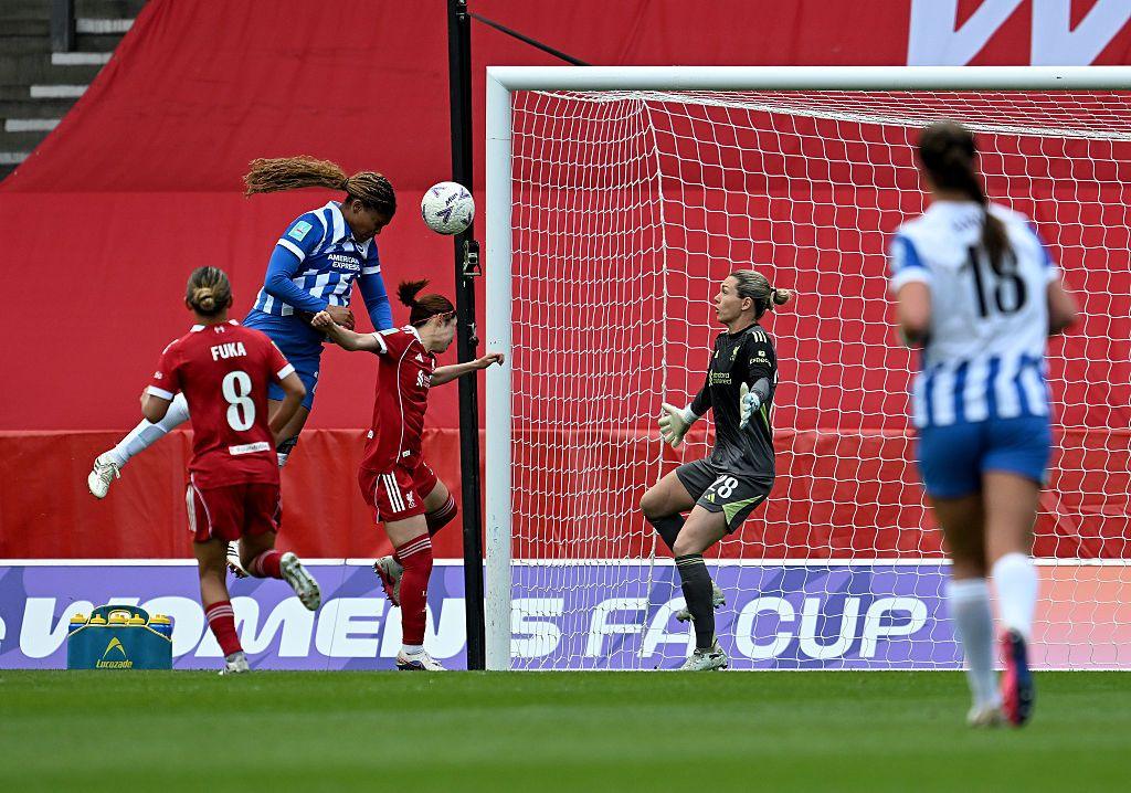 Jennifer Falk of Liverpool and Madison Haley of Brighton and Hove Albion in action during the Adobe Women's FA Cup Semi Final match between Liverpool and Brighton & Hove Albion on May 10, 2026 