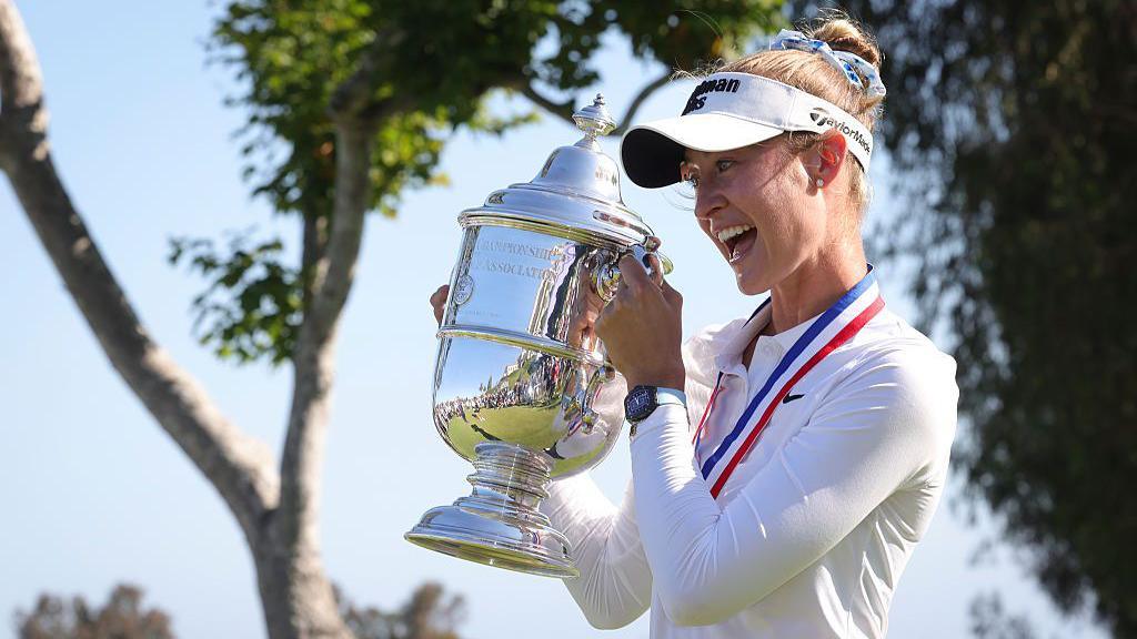 Nelly Korda of the United States poses with the trophy at the Women's US Open