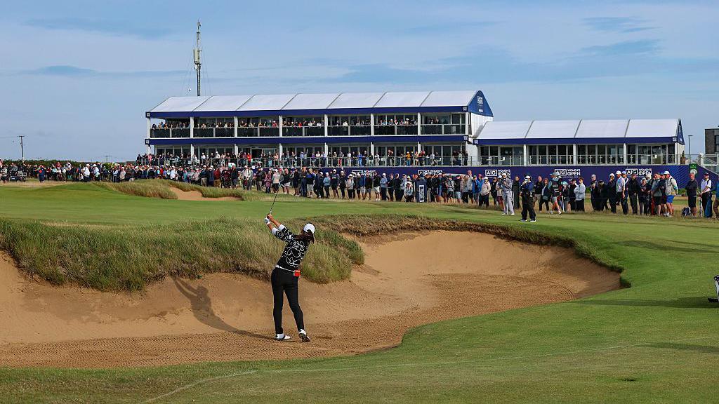 A Lim Kim of South Korea plays her second shot on the 18th hole during the final round of the AIG Women's Open 2025