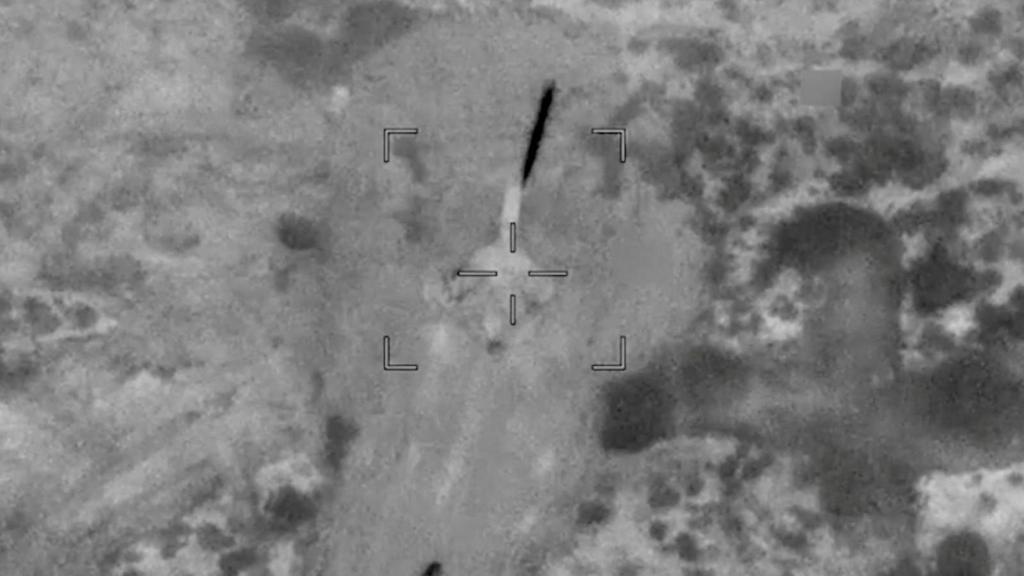 A projectile approaches a target at an unknown location, during what U.S. Central Command (CENTCOM) says are strikes on Iran, in this screen grab taken from a handout video released on July 12, 2026. 