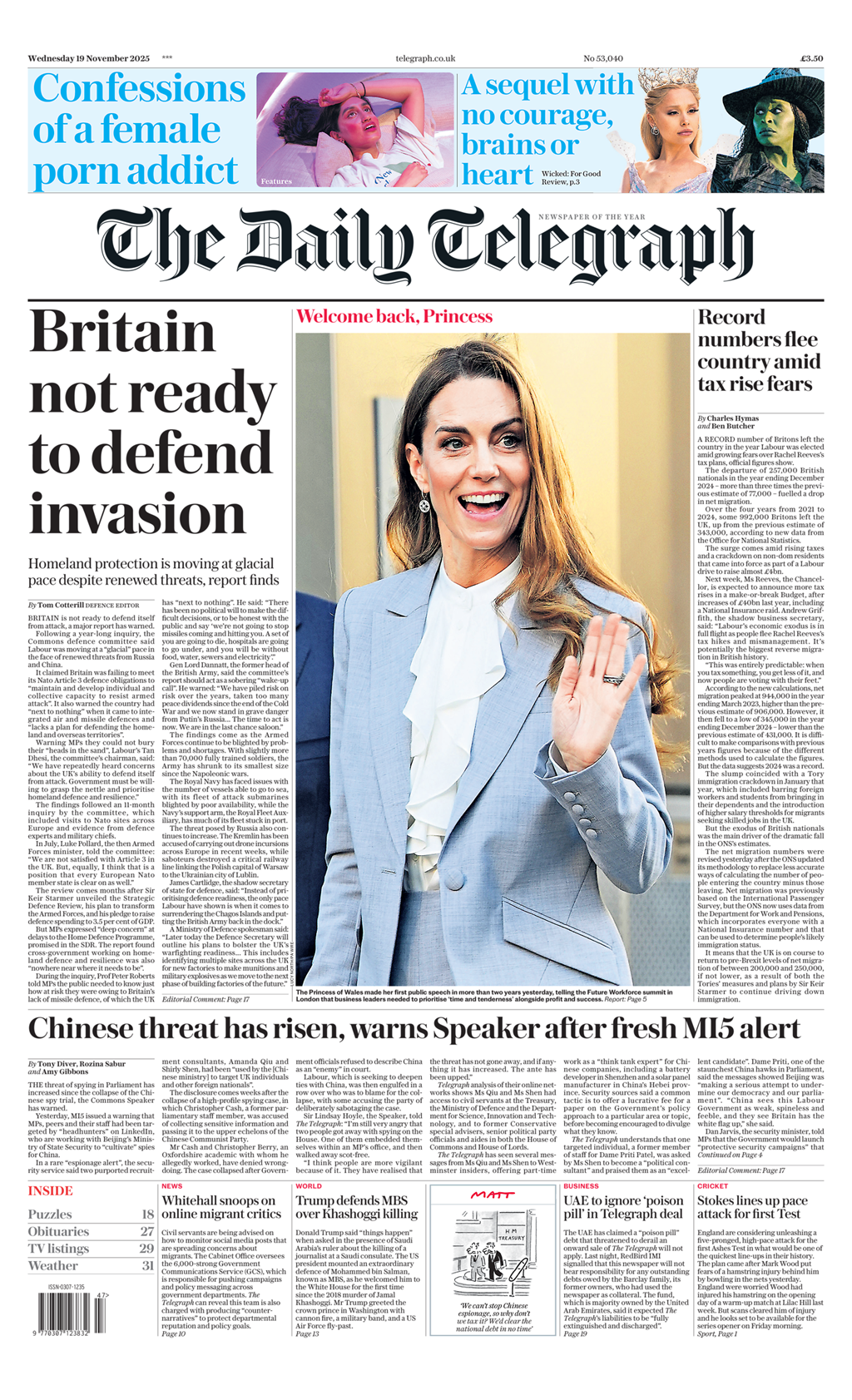 The headline on the front page of the Telegraph reads: "Britain not ready to defend invasion".