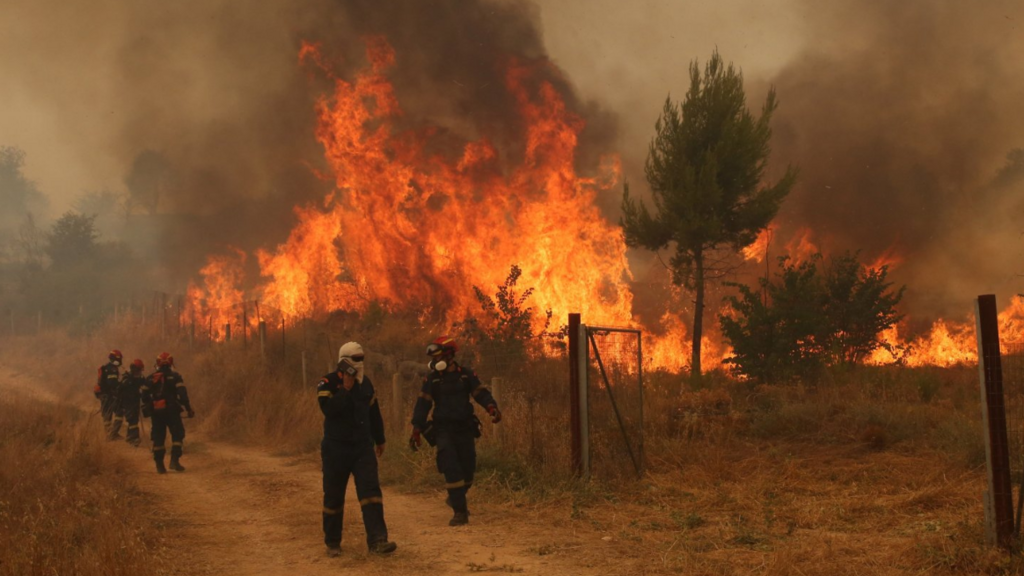 Five firefighters in black uniform and masks tackle a large blaze in a field in the Megara area of Greece. 