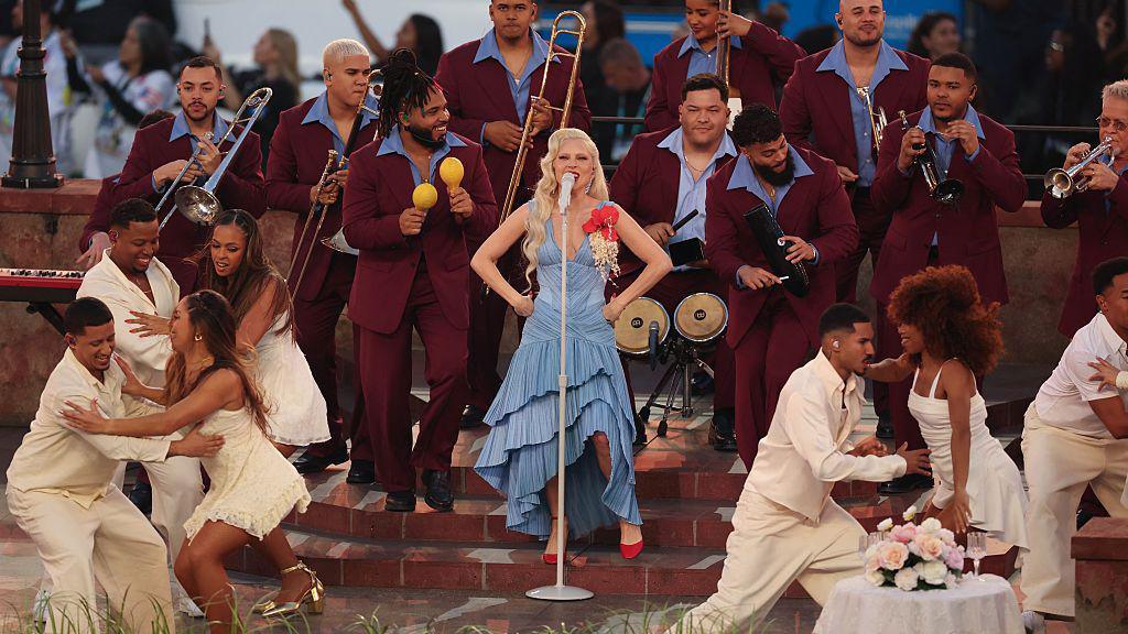 Lady Gaga performing at the Super Bowl half time show