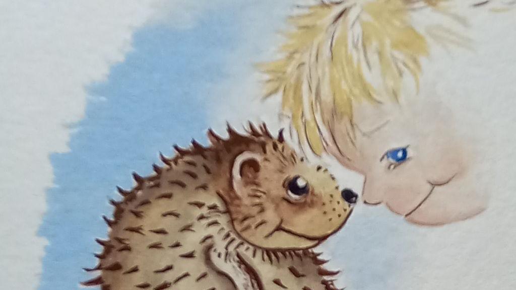 A watercolour illustration of a blonde boy looking at a hedgehog. Their faces are painted close together and they are smiling at each other.