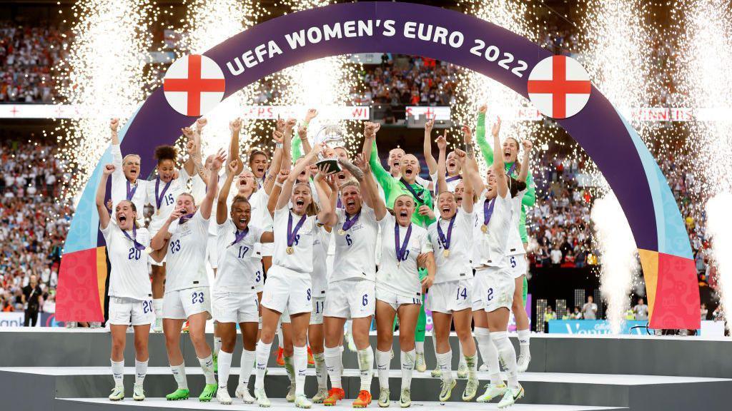 England lifting the Euros trophy in 2022