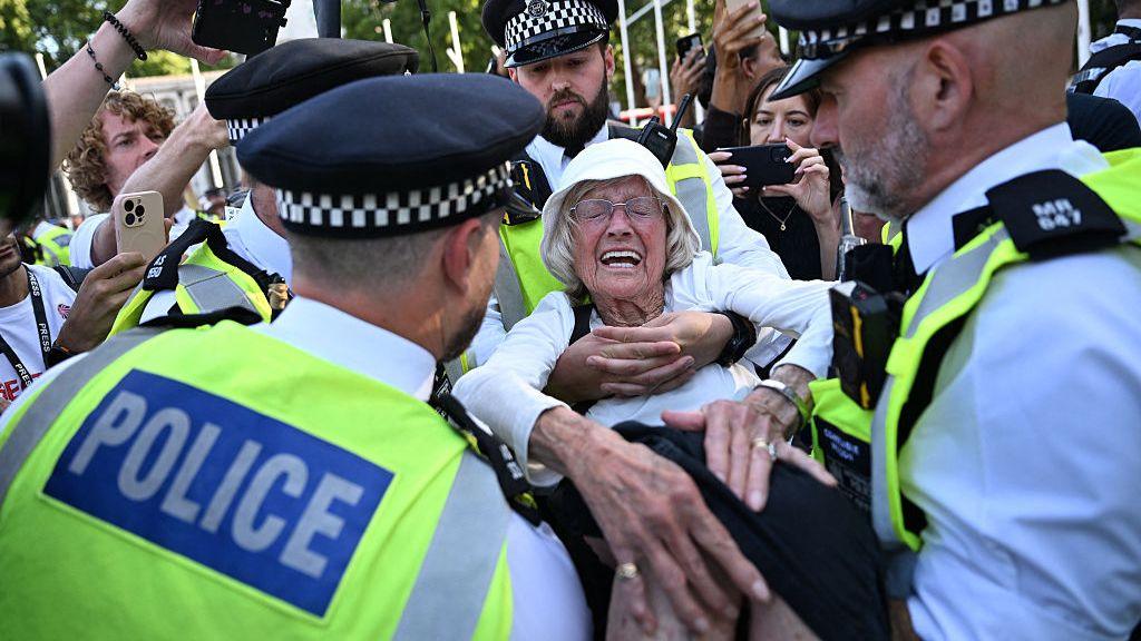 Police officers arrest an 89-year-old woman at a rally in support of the proscribed group Palestine Action in Parliament Square, London on 9 August 2025.