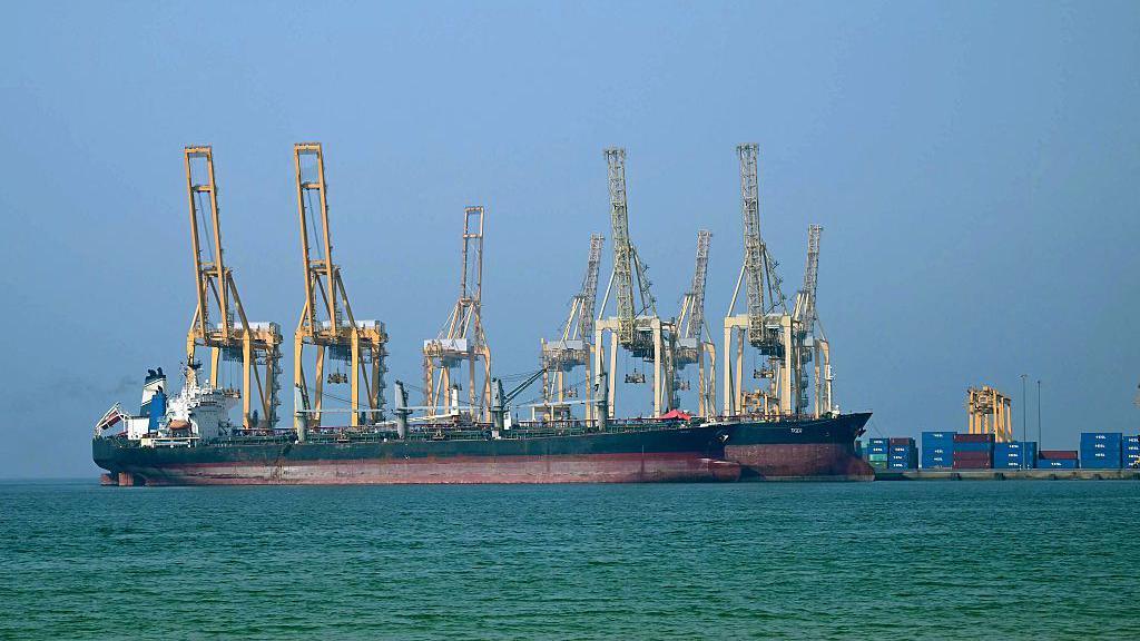 Two large ships with multiple cranes onboard are docked at a port in the background, with water in the foreground