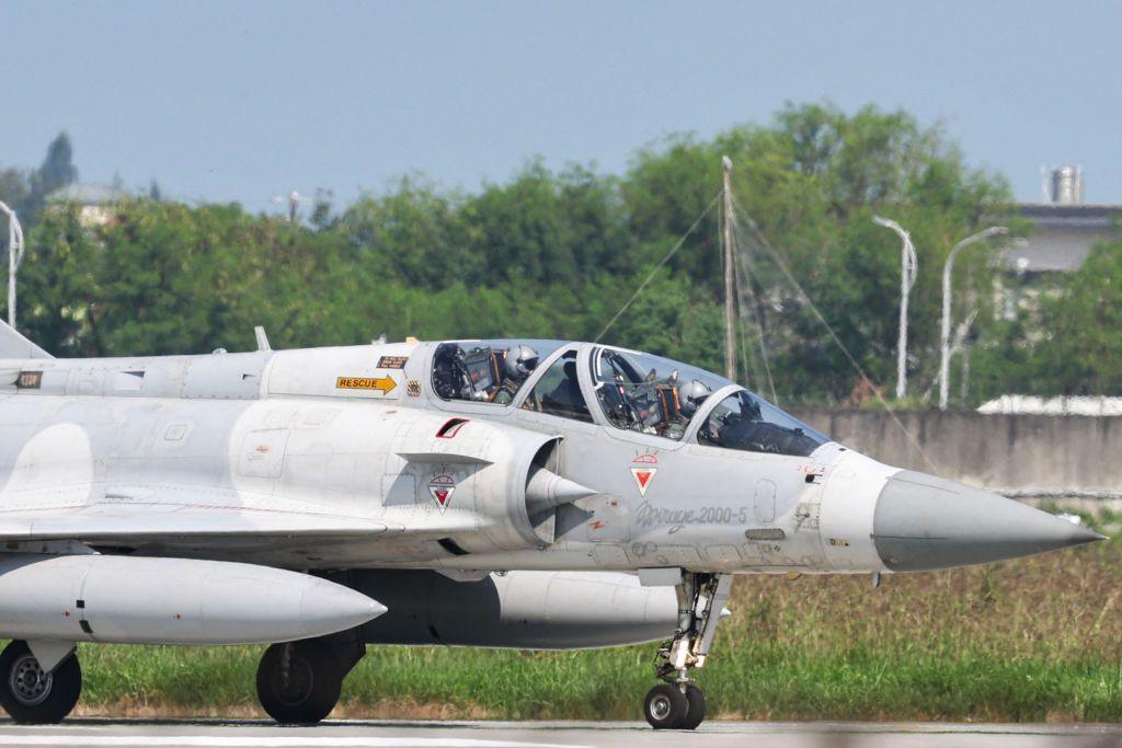 A Taiwanese Air Force Mirage 2000 fighter jet prepares to take off at an air force base in Hsinchu on October 14, 2024