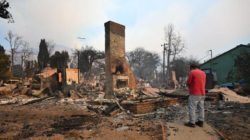 A home in Altadena is reduced to its chimney after being destroyed by the Eaton fire. 