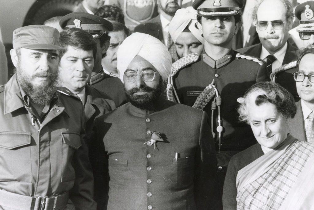 Cuban President Fidel Castro, Indian President Zail Singh, and Indian Prime Minister Indira Gandhi at the 7th Non-Aligned Countries Summit on March 7, 1983. (Photo by Jean-Claude FRANCOLON/Gamma-Rapho via Getty Images)