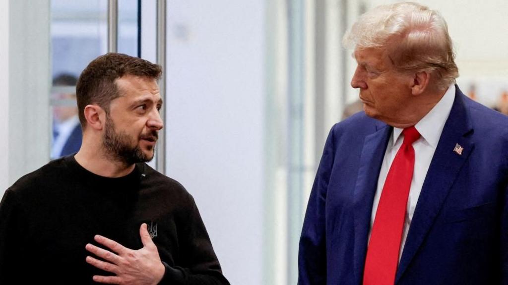 Republican presidential nominee and former U.S. President Donald Trump and Ukraine's President Volodymyr Zelenskiy meet at Trump Tower in New York City, U.S., September 27, 2024