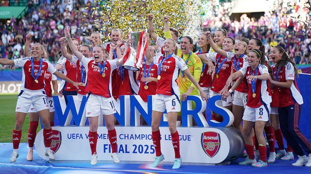 Arsenal celebrate winning the Champions League 