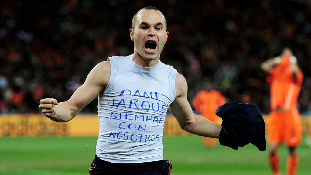 Andres Iniesta celebrates scoring the winning goal in the 2010 World Cup final