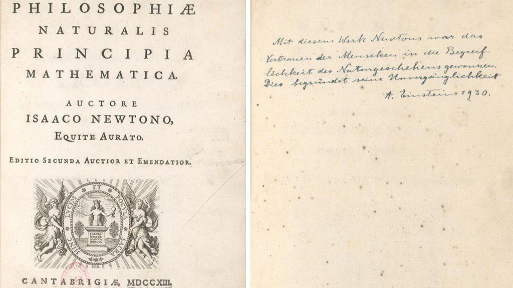 A composite image of a first edition of Isaac Newton's works, with an inscription by Einstein next to it