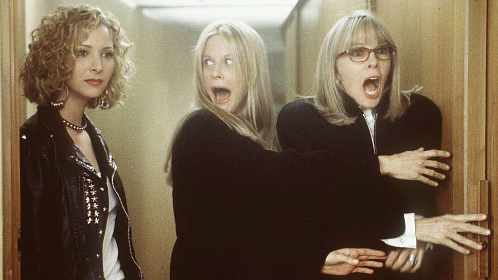 image of Meg Ryan and Diane Keaton holding a door and shrieking as Lisa Kudrow looks on, stone-faced