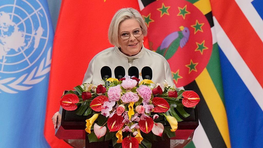 Iceland's President Halla Tomasdottir speaks during the opening ceremony of the Global Women's Summit 2025 at China National Convention Center on October 13, 2025 in Beijing, China.