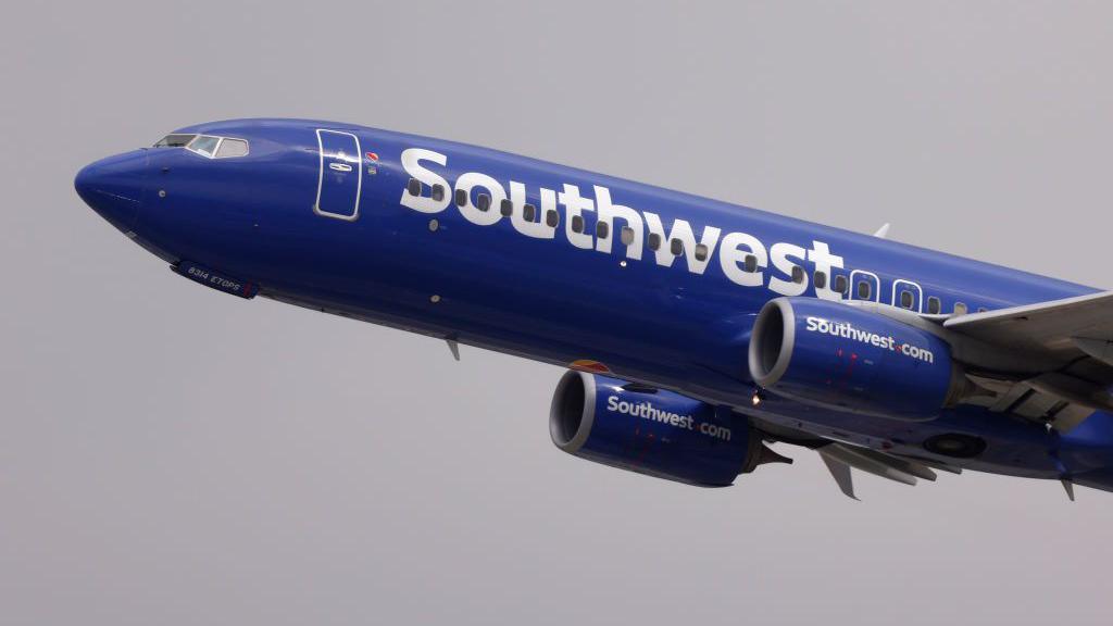 The nose of a Southwest Airlines plane shortly after take-off