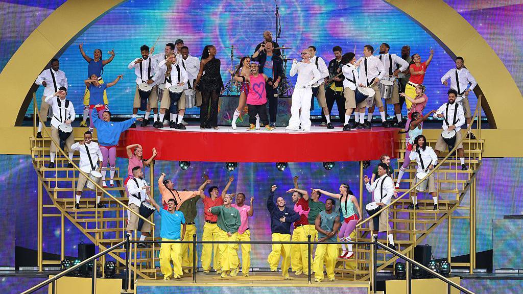 Artists perform at the half-time show during the Club World Cup final between Chelsea and Paris St-Germain