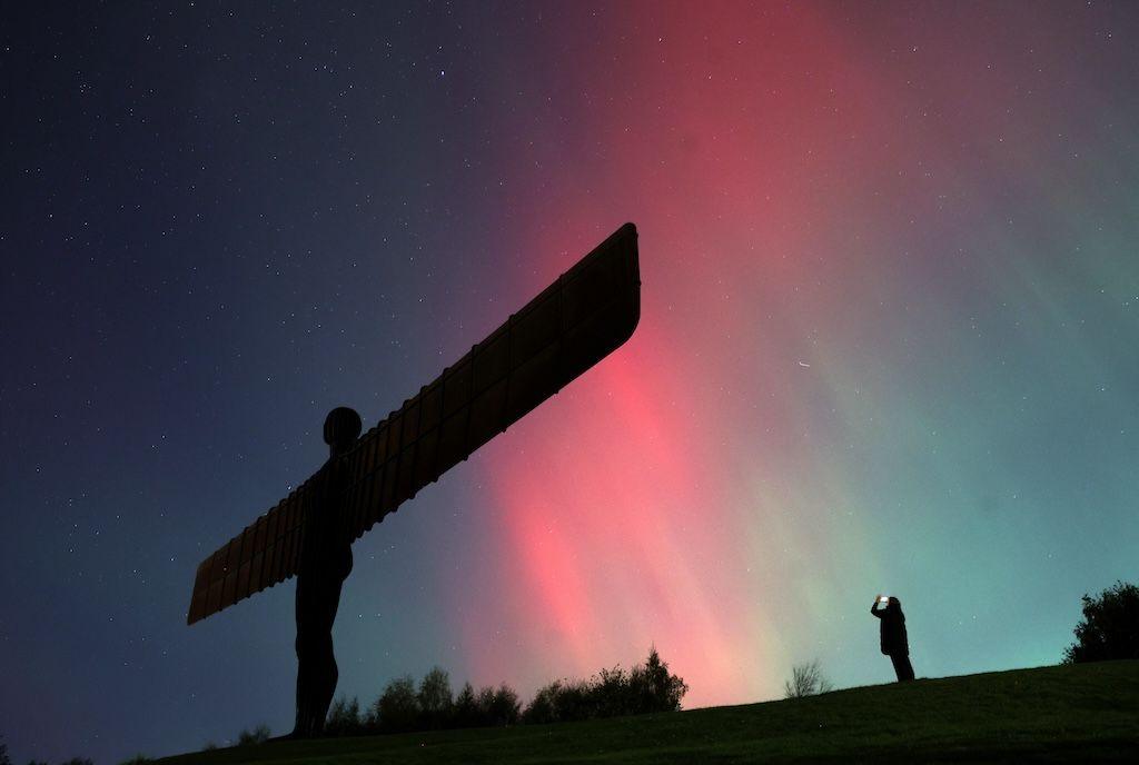 Angel of the North with Northern Lights in the background