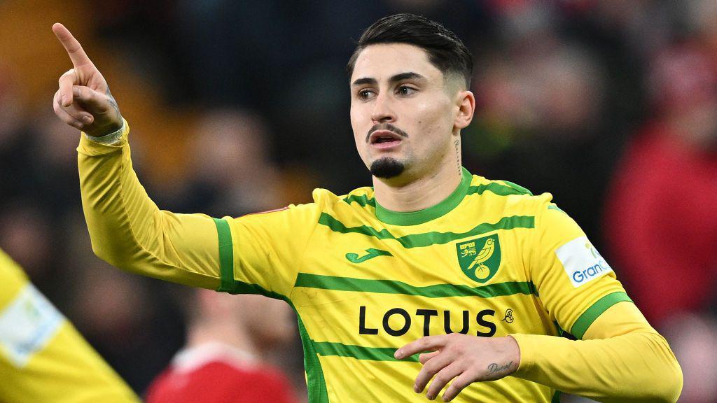 Borja Sainz celebreates scoring a goal for Norwich at Liverpool
