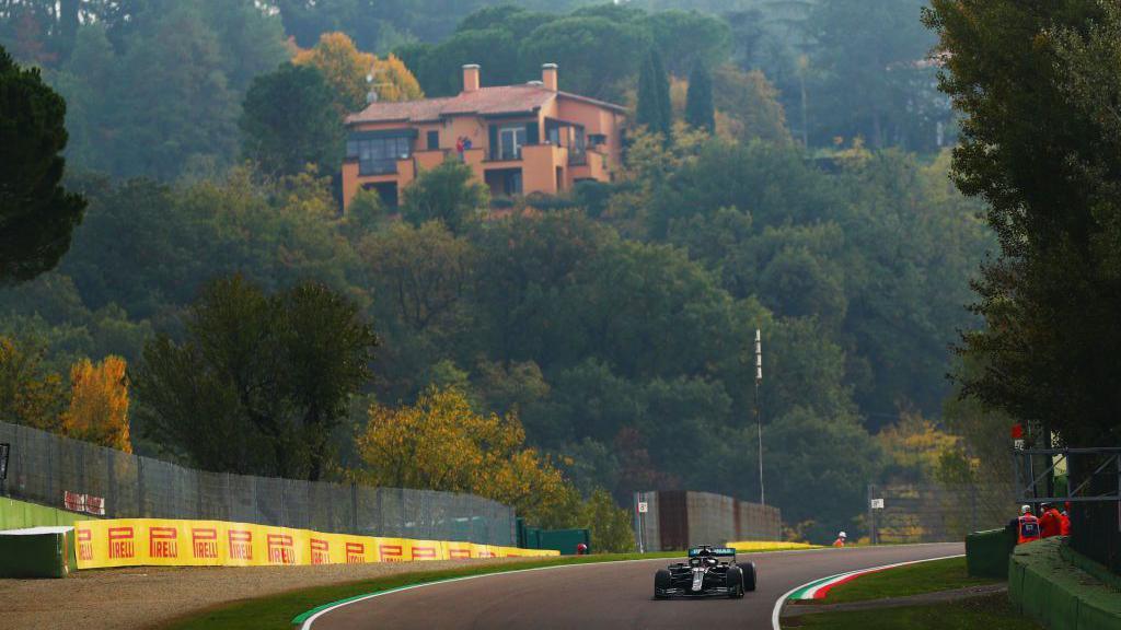 Lewis Hamilton driving his Mercedes in 2020 in Imola 