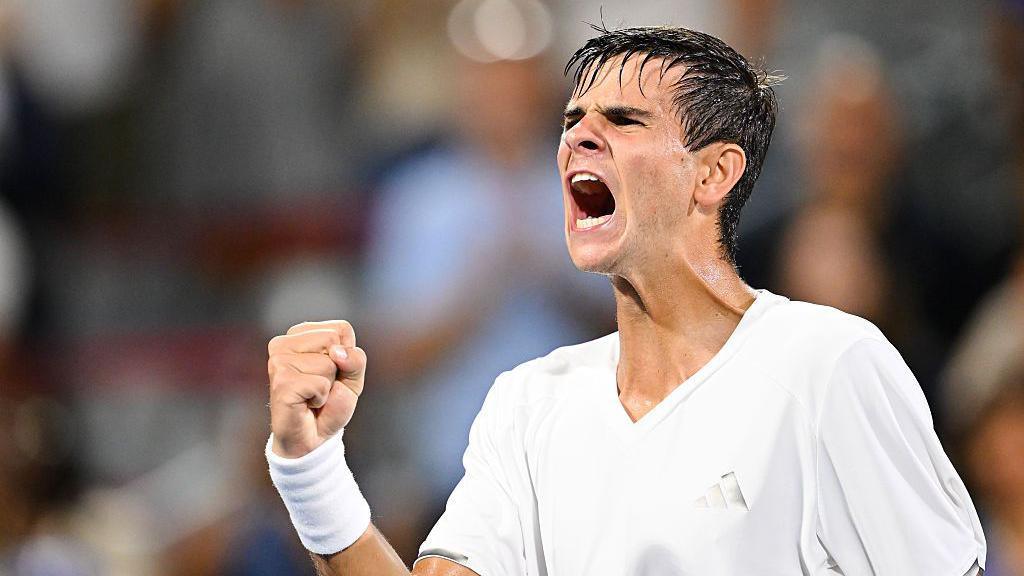 Tennis player Rafael Jordan roars in celebration after winning a point at the Canadian Open in Montreal
