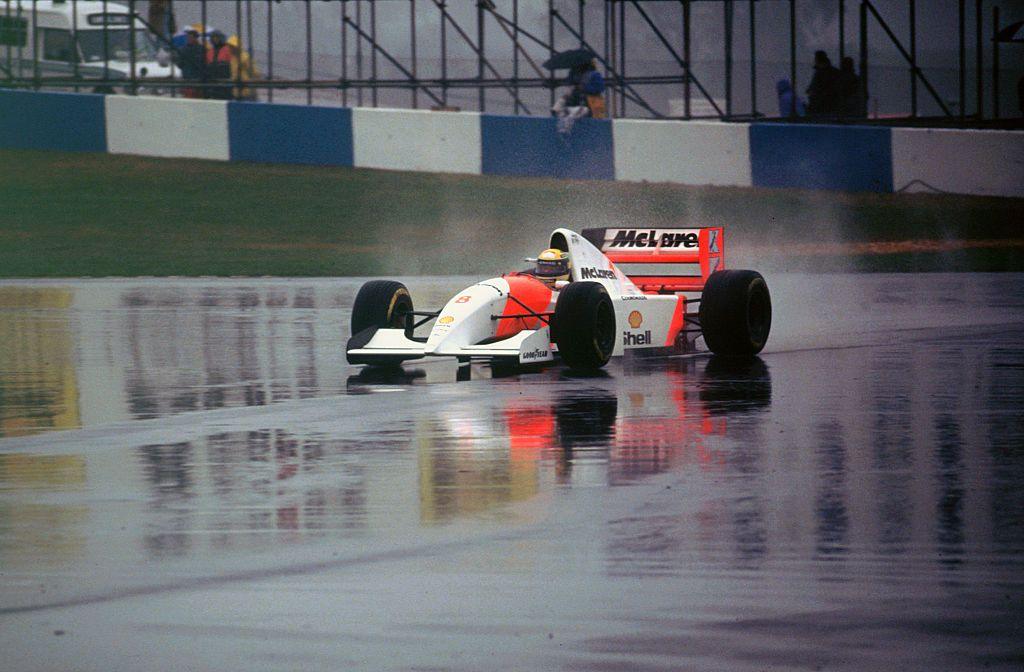 Ayrton Senna drives his McLaren on a sodden Donington circuit during the 1993 European Grand Prix