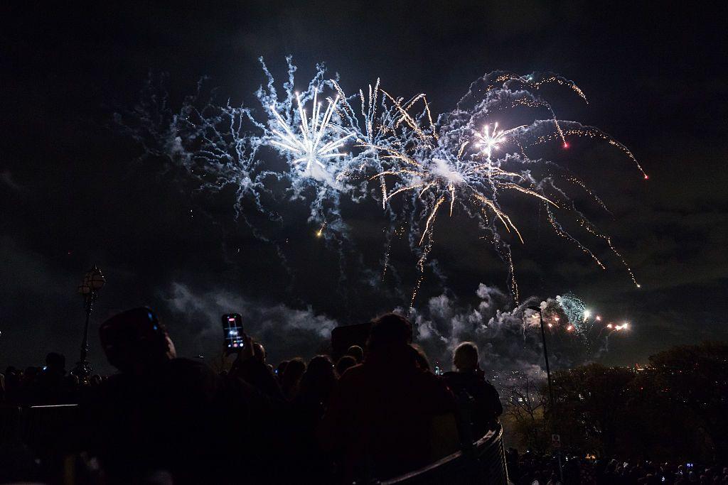 A display of fireworks illuminates the sky as part of Bonfire Night celebrations during Alexandra Palace's 2025 Fireworks and Drone Festival in London.