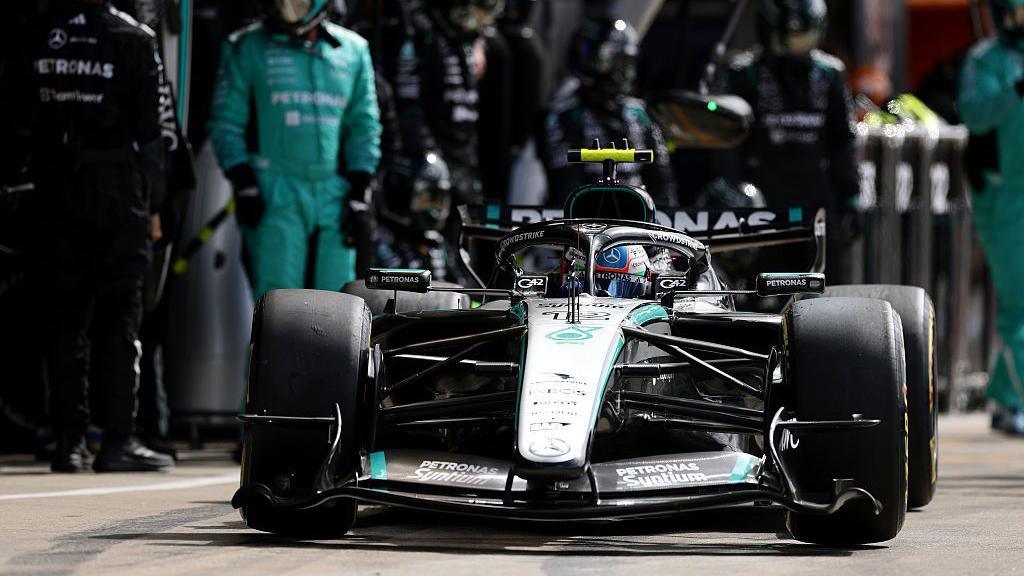 Kimi Antonelli in the Mercedes pits after an issue with his car