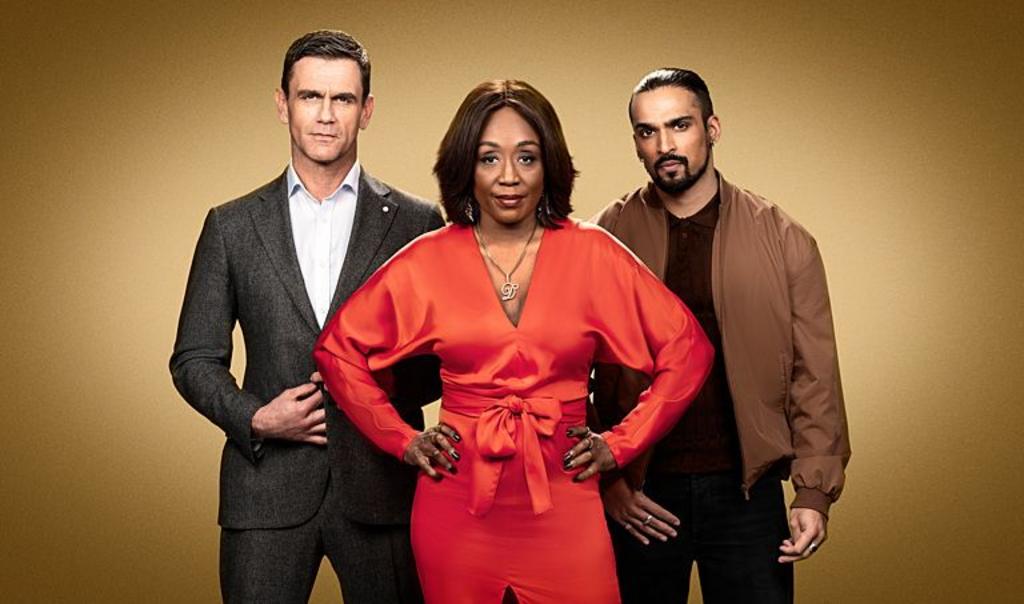 EastEnders characters Jack Branning, Denise Fox and Ravi Gulati in front of a gold and black background 