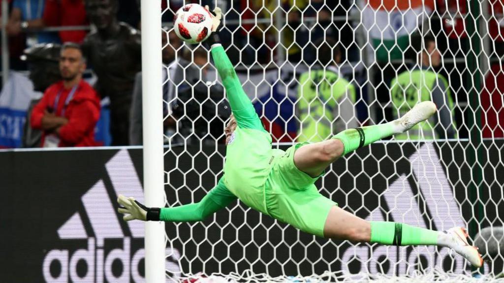 Jordan Pickford saving a penalty against Colombia in the 2018 World Cup