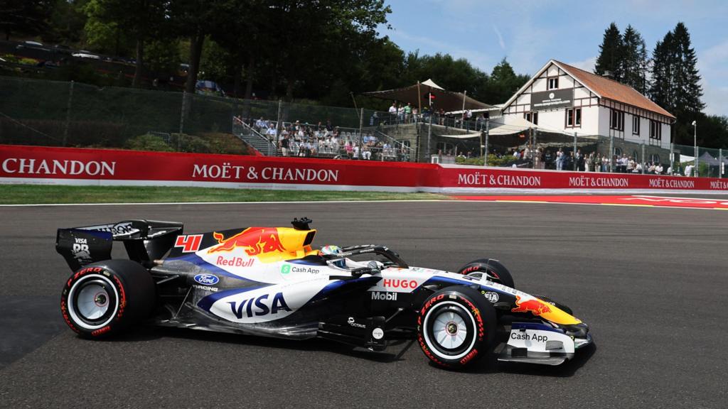 Racing Bull's Arvid Lindblad going through La Source during final practice for the Belgian Grand Prix