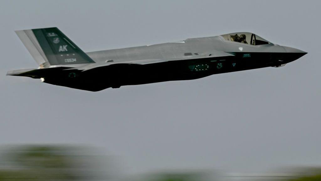 The U.S. Air Force's F-35 fifth-generation fighter aircraft performs during Aero India 2025, a military aviation exhibition at the Yelahanka Air Force Station in Bengaluru on February 13, 2025.