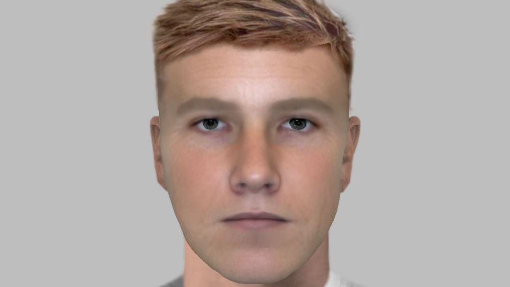 An e-fit of a white man with short light hair and green eyes 