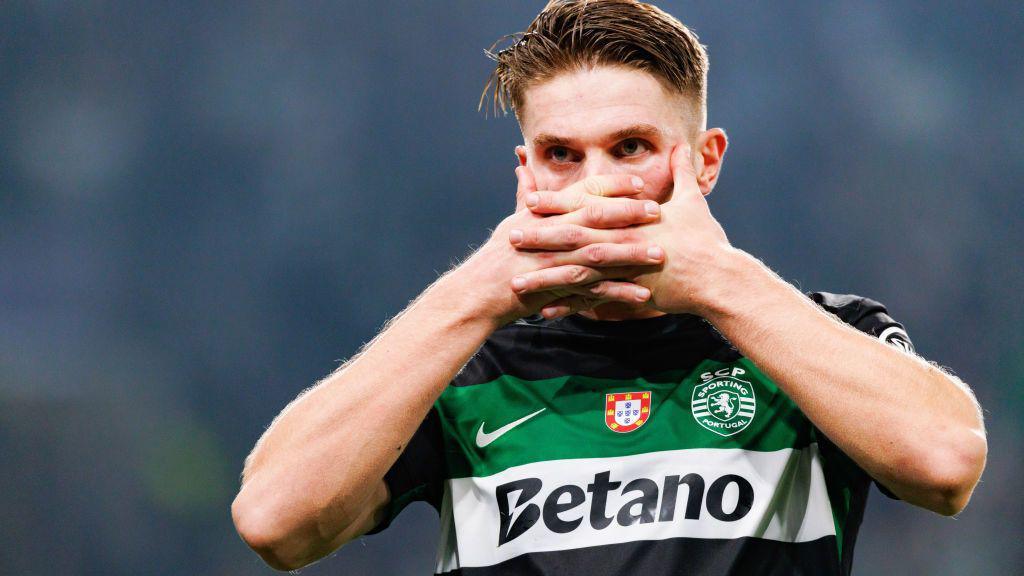 Viktor Gyokeres celebrating one of his goals against Manchester City.