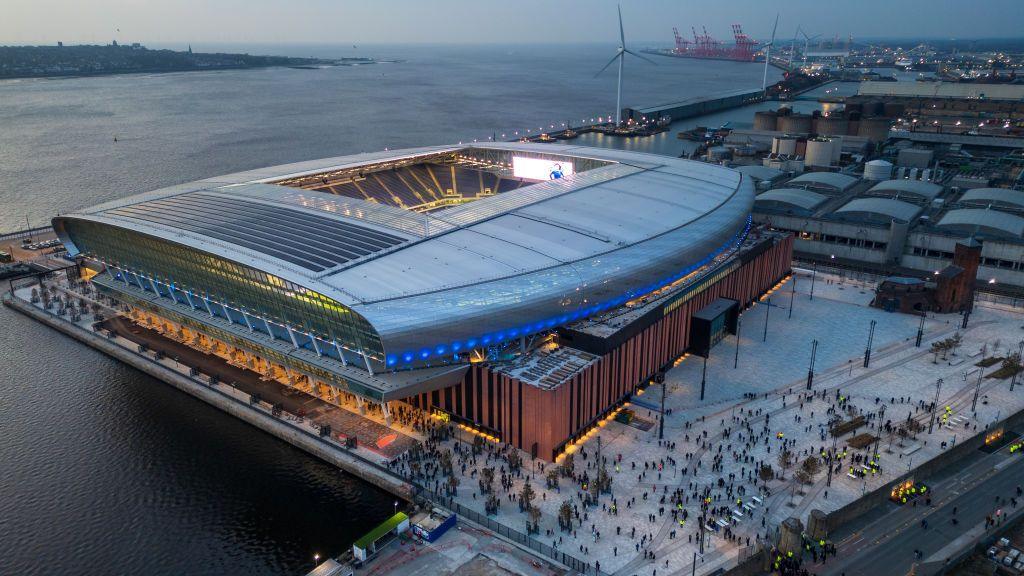 Aerial view as fans arrive at Everton's new stadium